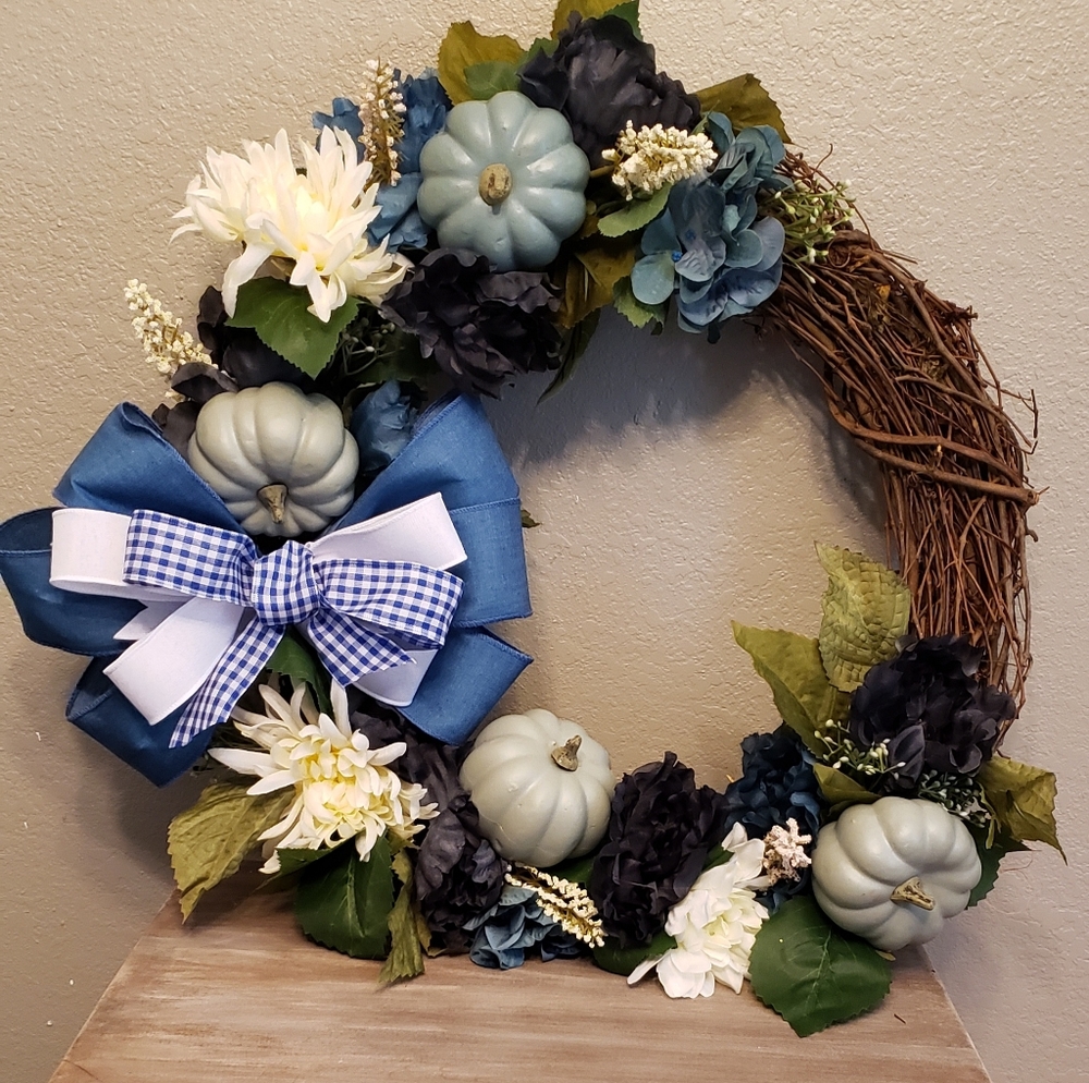 Blue and white fall twine wreath